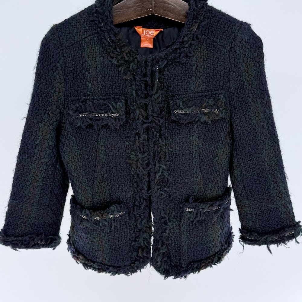 Wool Mohair Blend Textured Nubby Blazer Blue Size 4 Academia Fringe Jacket